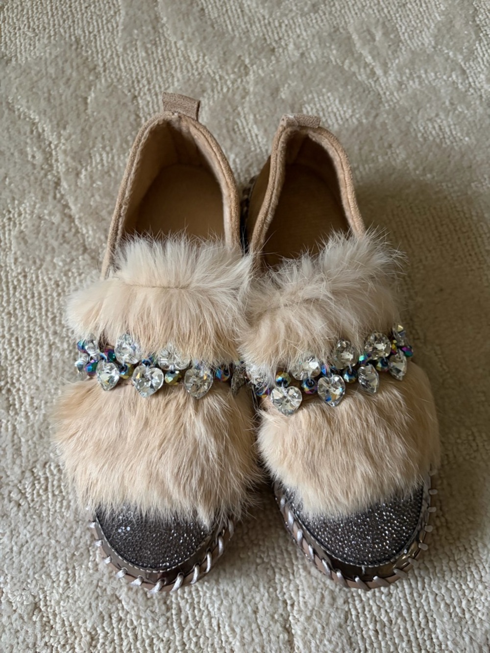 Faux Fur Slip-Ons with Crystal Trim - Beige. Never worn